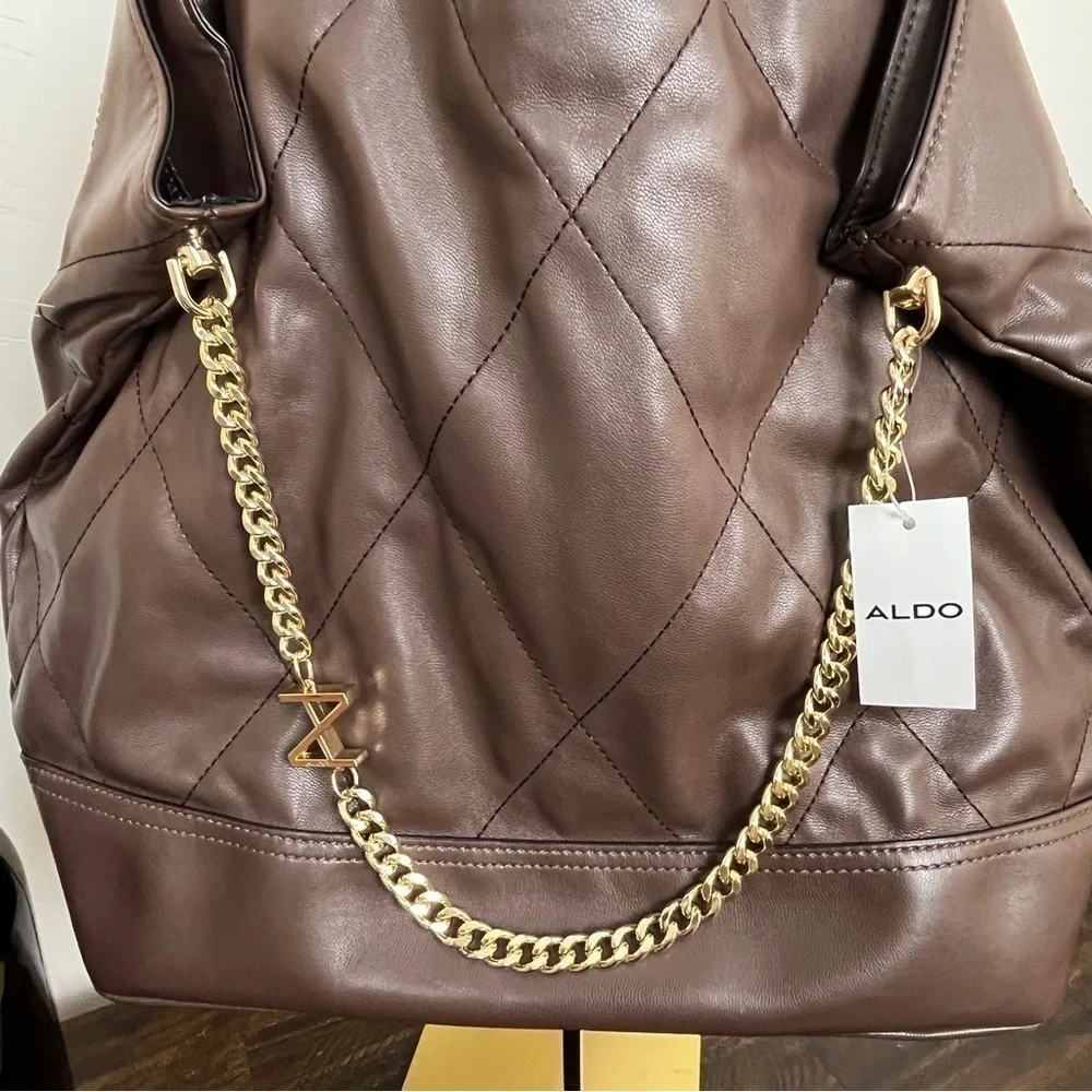 Aldo Vegan Leather Hobo Bag w/ Gold Hardware. Brown. Large. #556